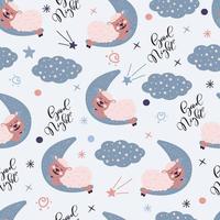 Seamless pattern with cute Sheep is sleeping on the moon. Lamb on the starry fantatic sky.Vector good nignt, sweet dreams concept vector