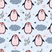 Seamless pattern with Cute Penguin in sleeping mask. Animal on the starry fantatic sky. Vector good nignt and sweet dreams concept