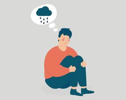 Sad man hugs his knees with rainy cloud above his. Unhappy boy sits on the floor and looks stressed and depressed. Male with psychological problems feels depression. Mental health disorders concept. vector
