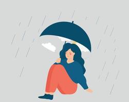 Young woman sits under an umbrella and looks happy. Girl in good mood because of weather emits positive vibes. Concept of well-being, positive body, self love concept, inner peace and mental health. vector