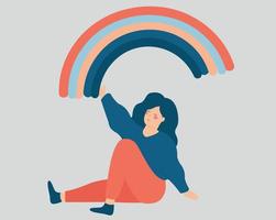 Woman sits on the floor, draws a rainbow with her hand. Happy girl creates positive vibe around her. Young female enjoys her life. Freedom, well being, mental health care concept. Vector illustration.