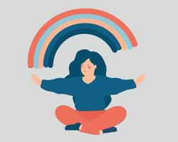 Young woman practices yoga and open her arms to the rainbow. Happy girl sits in lotus pose and creates positive vibe around her. Female enjoys her life. Freedom, well being, mental health care concept vector