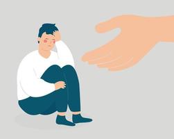 A big hand helps a young man to get rid of stress and depression. A male crying and covering his face. Lonely boy needs support and care because of anxiety, mental health illness concept. Vector. vector