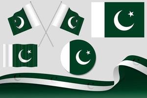 Set Of Pakistan Flags In Different Designs, Icon, Flaying Flags With ribbon With Background. vector