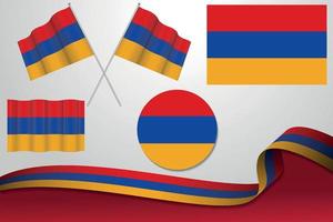 Set Of Armenia Flags In Different Designs Icon Flaying Flags With ribbon With Background. vector