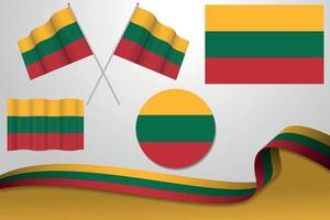 Set Of Lithuania Flags In Different Designs, Icon, Flaying Flags With ribbon With Background. vector