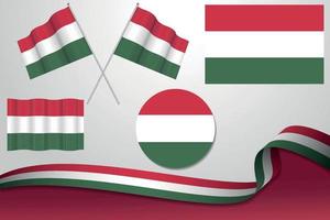 Set Of Hungary Flags In Different Designs, Icon, Flaying Flags With ribbon With Background. vector