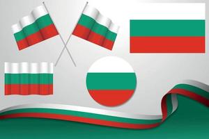 conjunto de banderas de bulgaria en diferentes diseños, icono, banderas desolladas con cinta con fondo. vector