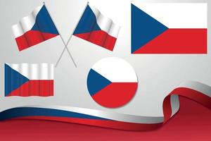 Set Of Czech Republic Flags In Different Designs, Icon, Flaying Flags With ribbon With Background. vector