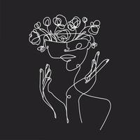 Abstract face with flowers by one line,vector illustration.Portrait in a minimalist style of a female character with flowers growing from her head. Natural symbol cosmetics.Modern continuous line art vector