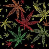 Cannabis leaves seamless pattern, background. Abstract pattern from marijuana cannabis on Rastafarian colors.Hemp leaves in doodle style on black background.Vector illustration vector