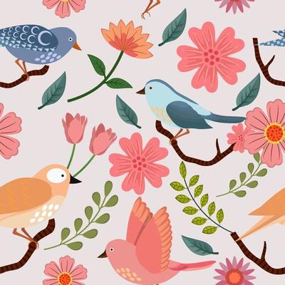 Seamless Pattern of Spring Birds