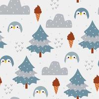 mano de patrones sin fisuras dibujo pingüino, helado y árbol. para estampado de tela, textil, papel de regalo vector