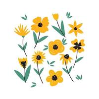 conjunto de pegatinas de flores y hojas de dibujos animados de dibujo a mano vector