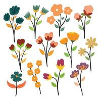 conjunto de pegatinas de flores y hojas de dibujos animados de dibujo a mano vector