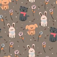 seamless pattern hand drawing bunny, puppy and flower. for fabric print, textile, gift wrapping paper vector