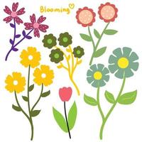 conjunto de pegatinas de flores y hojas de dibujos animados de dibujo a mano vector