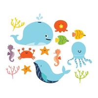 hand drawing cartoon sea creatures sticker set vector