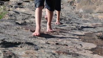 pies descalzos de dos encantadoras hermanas caminando sobre las rocas junto al arroyo. recreación activa con niños en el río en verano. video