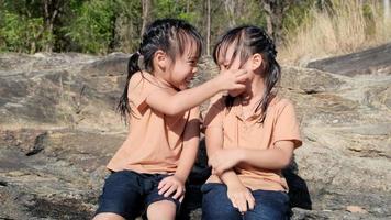 twee schattige Aziatische zussen glimlachen naar elkaar terwijl ze samen spelen op de rotsen bij de beek. schattige oudere zus die in de wangen knijpt terwijl ze buiten met zus speelt. video
