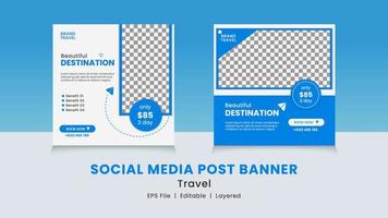 Vector graphic of social media post banner with blue, white and grey color scheme. Perfect for social media traveling agency promotion.