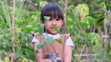 linda niñita sosteniendo un árbol pequeño en una olla de reciclaje sobre un fondo verde borroso en primavera. concepto de ecología del día de la tierra video