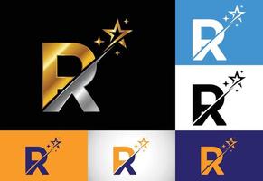alfabeto inicial de la letra del monograma r con el icono del logotipo de estrella y swoosh. diseño de símbolo de signo de logotipo de estrella abstracta. logotipo vectorial moderno para la identidad empresarial y empresarial. vector