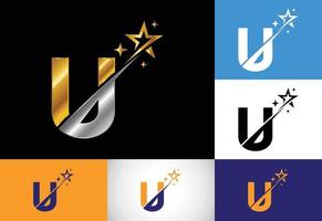 Initial U monogram letter alphabet with swoosh and star logo icon. Abstract star logo sign symbol design. Modern vector logo for business and company identity.