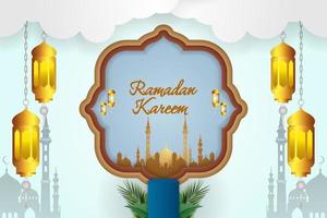 Ramadan Kareem Islamic background white and blue color with element vector