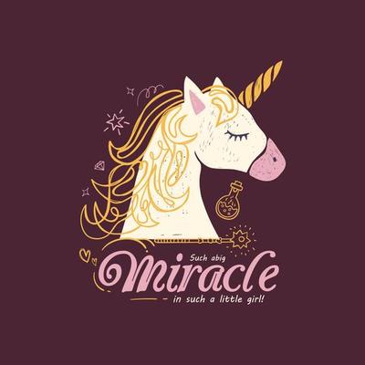 Cute hand-drawn unicorn vector logo with miracle lettering on purple background