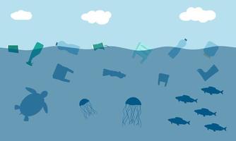 Ocean pollution. Harming living creatures living in water due to improper disposal of garbage. Concept. Vector illustration