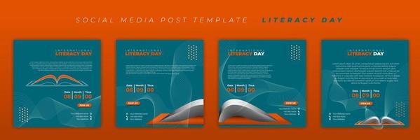 Set of Social media post template with orange and green abstract background. International Literacy day template design. vector