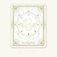 Zodiac sign scorpio card. Astrological horoscope symbol with moon phases. Graphic gold icon on a white background. Vector line art illustration