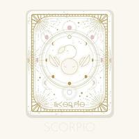 tarjeta de escorpio de signo zodiacal. símbolo del horóscopo astrológico con fases lunares. icono de oro gráfico sobre un fondo blanco. ilustración de arte de línea vectorial vector