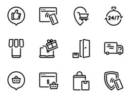 conjunto de iconos de vector negro, aislado sobre fondo blanco. ilustración plana sobre un tema de entrega de bienes y bienes por mensajería a la puerta