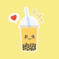 Cute Boba bubble milk tea with tapioca. Pearl milk tea, black delicious pearls is Taiwanese famous. Popular drink. Vector illustration sketch. Character Cartoon. Cute Sticker. Kawaii cartoon Emoji.