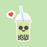 lindo té de leche con burbujas de boba con tapioca. té de leche de perlas, perlas negras deliciosas es famoso en Taiwán. bebida popular. boceto de ilustración vectorial. caricatura de personaje linda pegatina. emoji de dibujos animados kawaii. vector