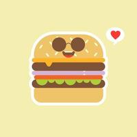 hamburguesa linda graciosa sonriente feliz. diseño de icono de ilustración de personaje de dibujos animados plano vectorial. aislado sobre fondo de color. café de comida rápida, comida chatarra, hamburguesa, restaurante, resto vector