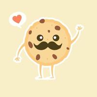 lindo personaje de galleta con chispas de chocolate de dibujos animados con cara divertida. Ilustración de vector de mascota de galleta feliz lindo aislado en blanco. concepto de diseño de menú para niños. Emoticon de comida de cara sonriente y sorprendida