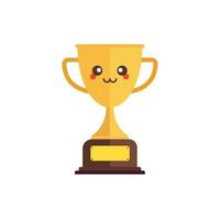Kawaii and Cute Gold Trophy Vector Icon Illustration. Golden Goblet With Kawaii Face Sport Icon Concept White Isolated. Flat Cartoon Style Suitable for Web Landing Page, Banner, Sticker, Background