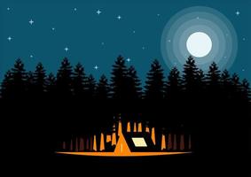 ilustración de paisaje nocturno en estilo plano con carpa, fogata, montañas, bosque y luna llena. fondo para el concepto de diseño al aire libre, montañismo, campamento de verano, turismo natural, camping o senderismo. vector