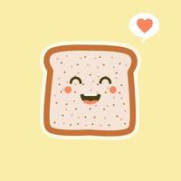 Vector divertido dibujo animado lindo pan rebanado personaje aislado sobre fondo de color. mascota de la etiqueta de panadería. icono de ilustración de personaje de caricatura plana vectorial. tostadas, tarjeta de buenos días, concepto de desayuno