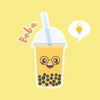 lindo té de leche con burbujas de boba con tapioca. té de leche de perlas, perlas negras deliciosas es famoso en Taiwán. bebida popular. boceto de ilustración vectorial. caricatura de personaje linda pegatina. emoji de dibujos animados kawaii. vector