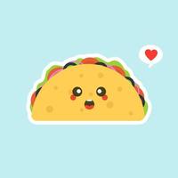 Vector illustration with mexican tacos kawaii food. The tortilla is going to tacos. Cute cartoon illustration isolated on color background.