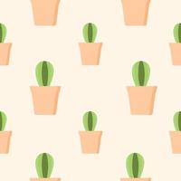 patrón de cactus sin costuras, maceta suculenta sobre fondo de color suave. para tela, embalaje, caja, cartón, papel de embalaje. vector de estilo de dibujos animados. diseño plano de cactus en colores pastel