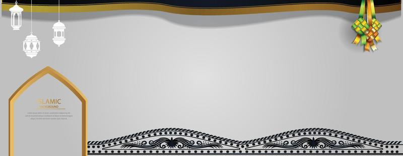 Ramadan Kareem layout banner, gold frame arab window background, beautiful arabesque pattern. Vector illustration. Hanging golden crescent and stars, paper cut clouds