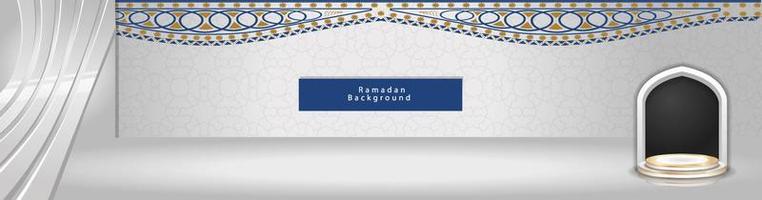 Ramadan Kareem horizontal banner, template header for website Traditional religious symbol crescent, hanging lanterns, gold confetti