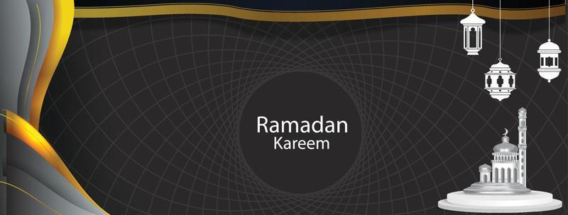 Ramadan Kareem layout banner, gold frame arab window on night sky background, beautiful arabesque pattern. Vector illustration. Hanging golden crescent and stars, paper cut clouds. Place for text