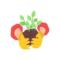 A handful of earth with sprouted sprouts in the palms. Two hands in rubber gloves. Vector illustration