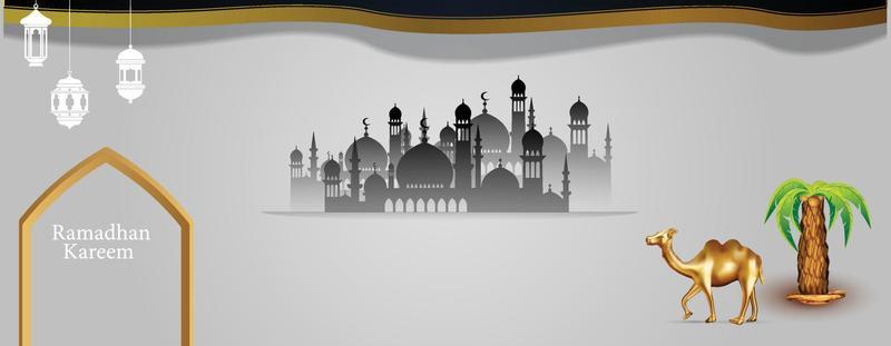 Ramadan Kareem layout banner, gold frame arab window background, beautiful arabesque pattern. Vector illustration. Hanging golden crescent and stars, paper cut clouds